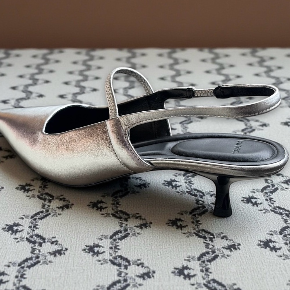 Vince Venice Metallic Slingback Pump Kitten Heel Silver Shoes - Picture 4 of 5